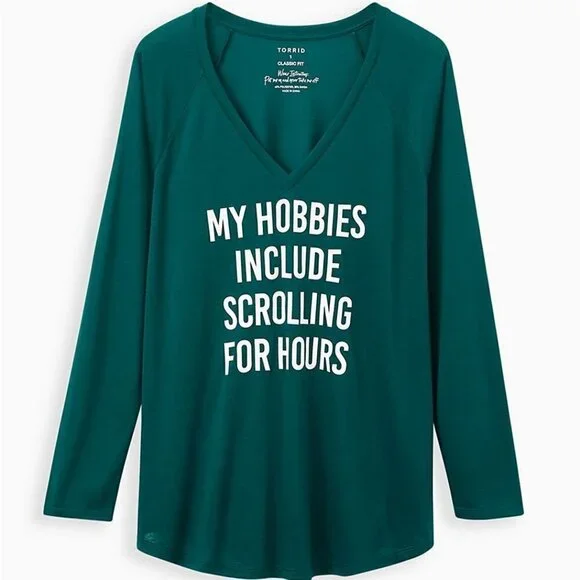 Torrid - Classic Fit Raglan Tee - Hobbies Scroll Green, Plus 00, M/L, Size 10 - Picture 1 of 4